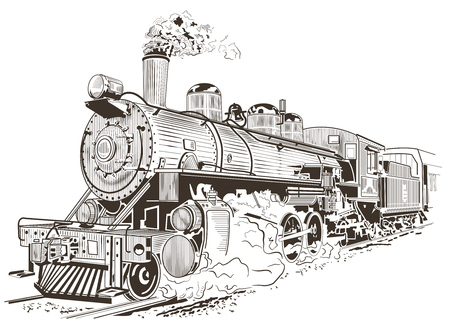 Old train in a vintage lithograph style, locomotive.のイラスト素材