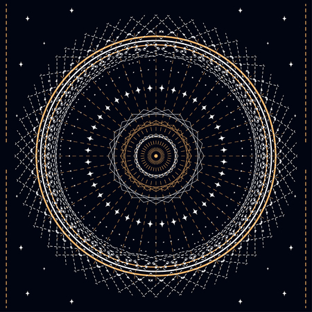 Abstract geometric illustration of mystic golden line and stars. Useful for wrapping, web backgrounds and fabric design.のイラスト素材