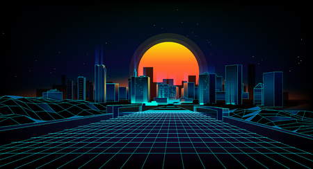 Retro background landscape 1980s style. Retro 80s Sci-Fi background city Landscape.Futuristic background retro wave.のイラスト素材