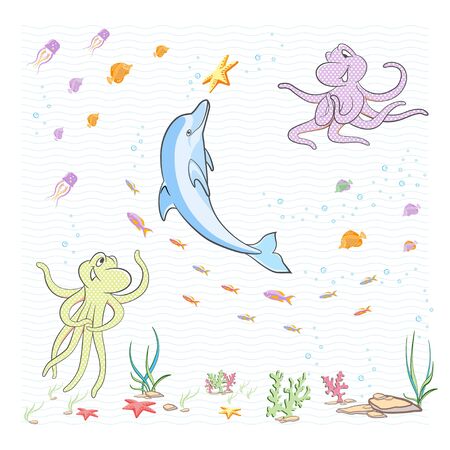 Under the sea. The little octopuses having fun with a Dolphin. のイラスト素材