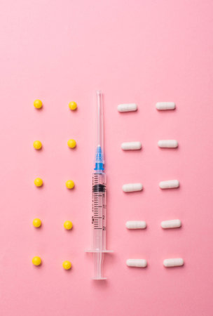 Creative concept Illness: syringe, vitamins and tablets on pink backgroundの写真素材