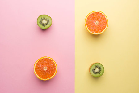 Creative Concept. Two Half Orange and Two Half Kiwi on Geometry Yellow Pink Pastel Background, Top View.の写真素材