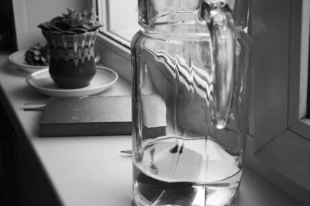 flower violet in a pot, a carafe with a foda and a diary for planning the day on the windowsill.