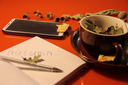 Great autumn background. in a brown mug are dry oak leaves and acorns. Nearby lies a phone - a smartphone and a notepadの写真素材