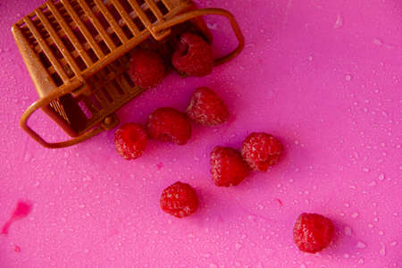 raspberry berries crumbled from the basket on a pink background. filmed from above