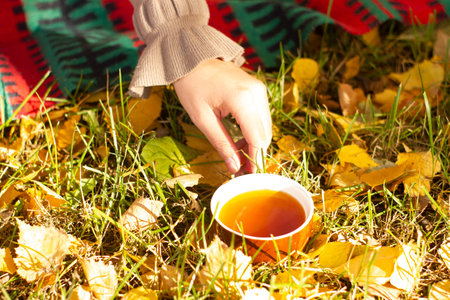 hand reaches for a brown mug of tea that stands on the grass around the yellow leaves