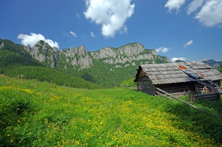 Old wooden sheepfold on a mountainのeditorial素材