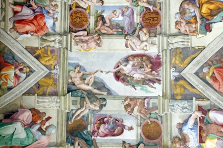 Michelangelo's masterpiece: Sistine Chapel ceiling with Creation of Adam in centerのeditorial素材