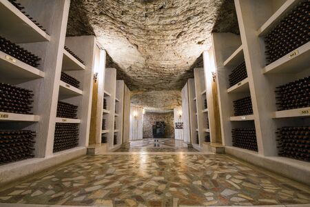 CRICOVA, MOLDOVA - NOVEMBER 13, 2018: Underground wine cellars, bottles in Cricova Winery. Cricova...
