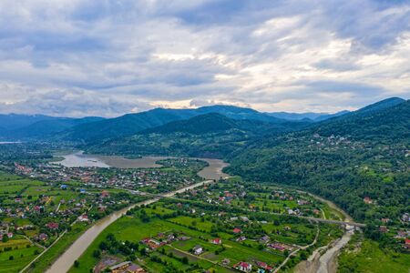 Above view of summer village, Bistrita river valley in Romania