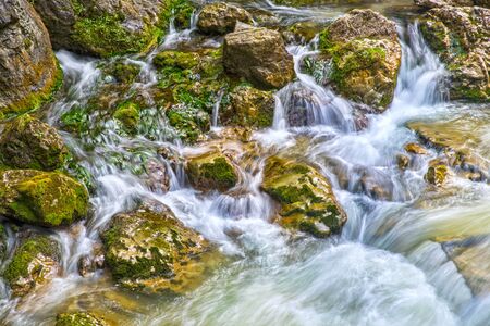 Spring water mountain river in summer, Romanian Carpathians landscape.