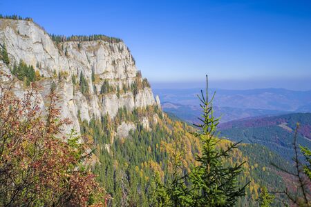 Aerial view of autumn forest and mountain rock in Romanian Carpathians.の写真素材
