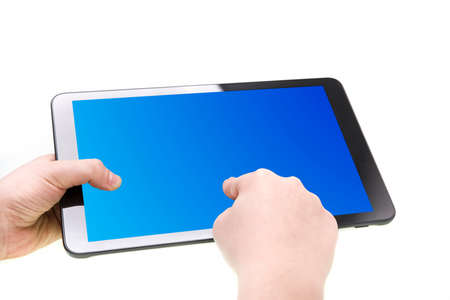 Boy hands holding a tablet over a white background