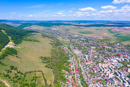 Aerial view of small city  during spring, Piatra Neamt city in Romaniaの写真素材