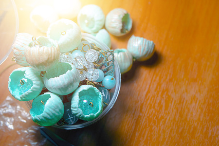 Overhead view buds of polymer clay on the wooden desk. Creative process. Copy space, flat lay.の写真素材