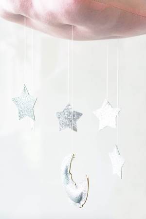 Silver stars and moon Christmas on white backgroundの写真素材