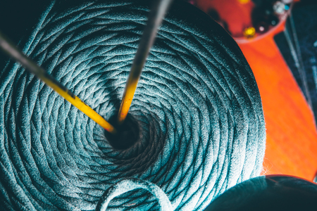 Reel thread with sewing needles. Flat layの写真素材