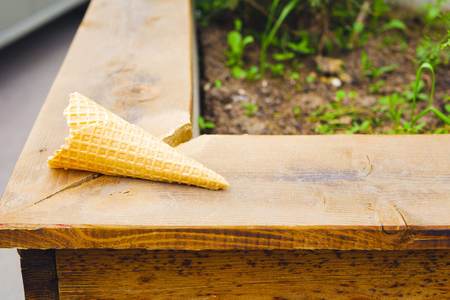 Ice cream cone lies on a wood in the parkの写真素材
