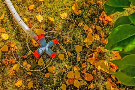 Lawn Sprinkler in Action. Garden sprinkler on a sunny summer day during watering the green lawn in garden.の写真素材