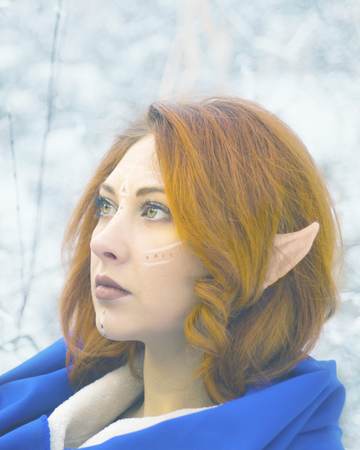 Elf Fairy woman. Close up portrait of an elf girl. Cold snowstorm in winter.の写真素材