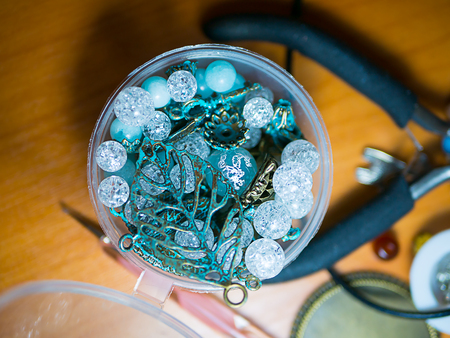 Jewerly in a jar. Expertly crafted beautiful original beads from polymeric hand-worked clayの写真素材