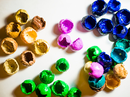 Billets of polymer clay on desk. Flat lay.  Beautiful original beads from polymeric hand-worked clay.の写真素材