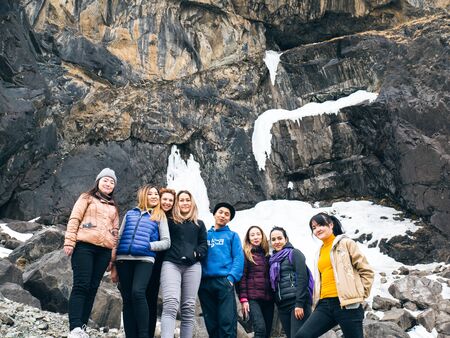 Belogorka, Kyrgyzstan - March 25, 2018: Photo of a group of people in the mountainsのeditorial素材