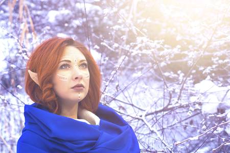 Elf Fairy woman. Concept of New Year's mood. A red-haired female elf  in a cold winter in the forest.の写真素材