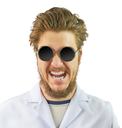 Crazy Doctor in white coat and black round sunglasses isolated. Halloween costumeの写真素材