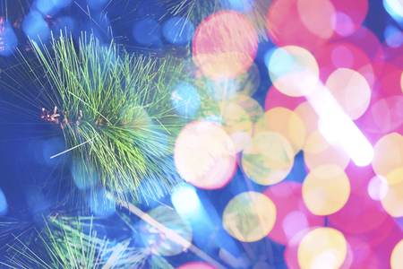 Christmas or New Year fir tree with decorative lights. Close up of Christmas tree. Blur shot of the Christmas tree branches with garlands.の写真素材