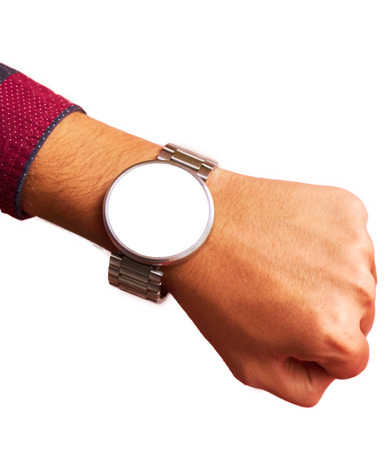 Smart watch on hand with isolated, blank screen for mockup.の写真素材