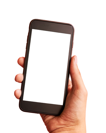 Man hand holding the black smartphone with blank screen - isolated on white backgroundの写真素材