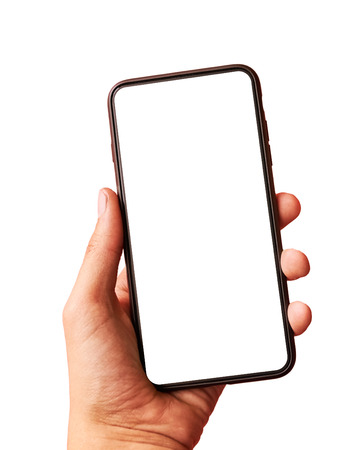 Man hand holding the black smartphone with blank screen and modern frameless design - isolated on white backgroundの写真素材