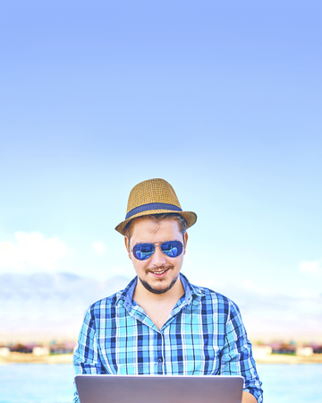 Businessman Working Summer Beach Relaxation Concept. Vertical 4x5 conceptの写真素材