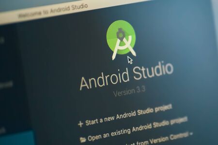 Bishkek, Kyrgyzstan - January 17, 2019: Launch Android Studio with logo. Software for development of mobile applications on Androidのeditorial素材
