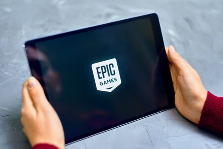 Bishkek, Kyrgyzstan - January 21, 2019: Logo of Epic Games on apple ios tablet ipad pro. Epic Games is an American video game and software development corporationのeditorial素材