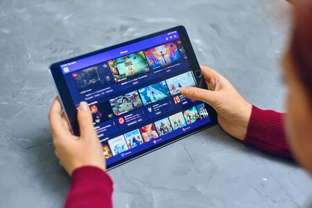 Bishkek, Kyrgyzstan - January 21, 2019: Twitch service video streaming play themes on ipadのeditorial素材