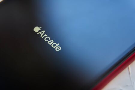 Bishkek, Kyrgyzstan - June 05, 2019: New Apple Arcade logotype seen on modern ipad featuring the new subscription model for over 100 groundbreaking new gamesのeditorial素材