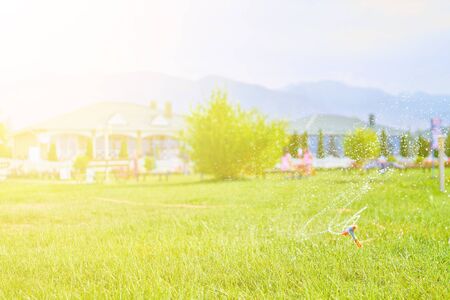 Green field with sprinkler. Sprinkler pours a green field grass in the park.の写真素材