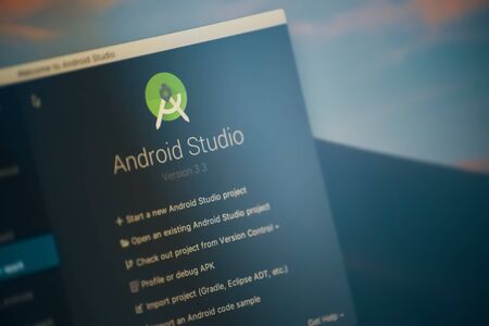 Bishkek, Kyrgyzstan - January 17, 2019: Launch Android Studio with logo. Software for development of mobile applications on Androidのeditorial素材
