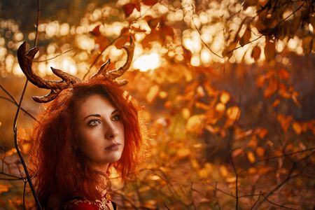 Woman with deer horns in autumn forest. A fairy creature wanders in the autumn forest and studies nature.の写真素材