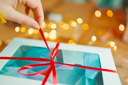 Christmas composition with present box.The concept of packaging the Christmas range and gift.の写真素材