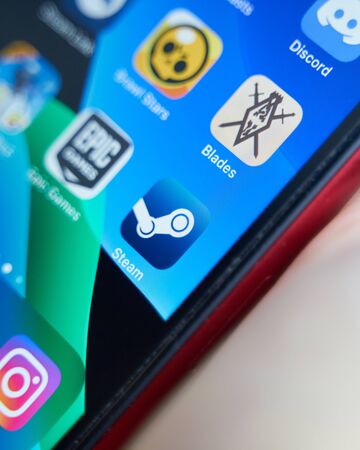 Bishkek, Kyrgyzstan - July 6 2019: Logo of Steam on apple smartphone.のeditorial素材