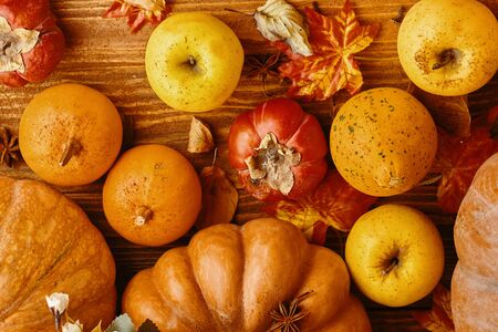 Pumpkins and apples. A bunch of pumpkins and a few apples lie on a wooden table top view.の写真素材