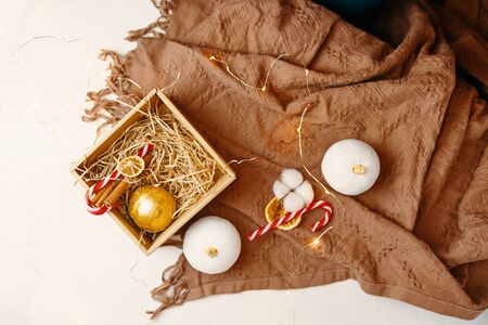 Christmas time. Process of packing gifts for holidaysの写真素材