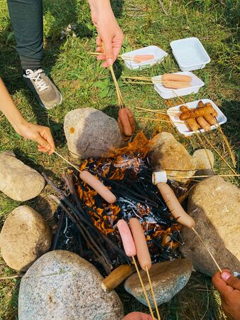 Campsite with friend. Cooking fried sausages and marshmallow on a fire in the forest.の写真素材