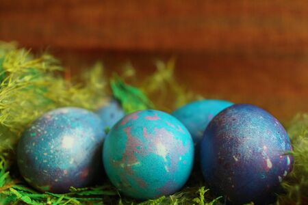 Space galactic blue Easter eggs in nestの写真素材