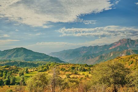 Mountains. Dense forests among hills and highland. Happy international mountain day.の写真素材