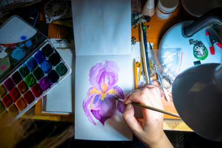 Bishkek, Kyrgyzstan - August 27, 2017: Painting concept. An artist draws a work of artのeditorial素材