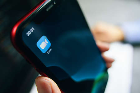 Bishkek, Kyrgyzstan - March 14, 2020: Zoom application on applie iphone smartphone for internet...